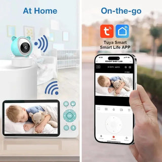 Univers Nest smart baby monitor showing a parent viewing live video feed on a sleek screen for 24/7 child monitoring.