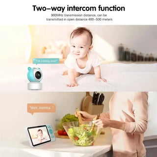 Smart baby monitor by Univers Nest showing a digital screen displaying a sleeping baby's live video feed.