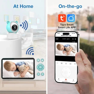 Univers Nest smart baby monitor displaying a sleek device with a screen and control buttons for 24/7 baby monitoring.