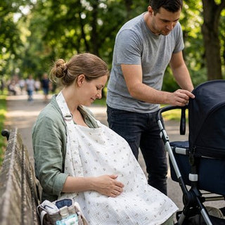 Nursing cover by Univers Nest, a soft cape providing privacy and comfort for breastfeeding, shown draped over a mother.