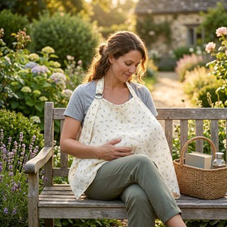 Univers Nest nursing cover cape providing privacy and comfort for breastfeeding, shown draped over a mother.