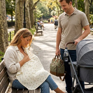 Univers Nest nursing cover cape providing privacy and comfort for breastfeeding, shown draped over a mother.