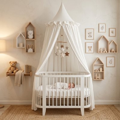 Baby bed canopy by Univers Nest, magical cocoon design with airy mesh fabric draped over a crib for a cozy, dreamy nursery look.