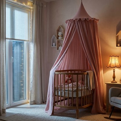 Baby bed canopy from Univers Nest Magical Cocoon, airy sky-blue fabric draped over a crib, creating a cozy, magical sleeping space.