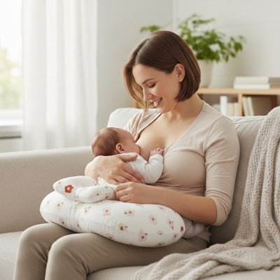 Ergonomic nursing pillow from Univers Nest with soft fabric, designed for comfortable feeding support for mom and baby.