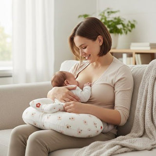 Ergonomic nursing pillow from Univers Nest with soft fabric, designed for comfortable feeding support for mom and baby.