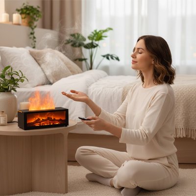 Universal Nest Pure Breath air humidifier emitting a gentle mist, compact design ideal for home or office use.