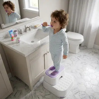 Kids non-slip step stool by Univers Nest, sturdy toddler bathroom and kitchen stool with textured surface and safety grips.