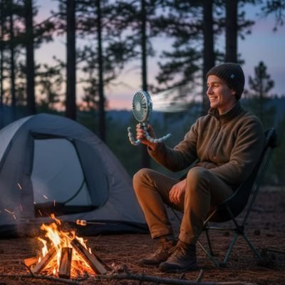 Portable Univers Nest mini fan with quiet operation and rechargeable battery, shown in a compact, handheld design.