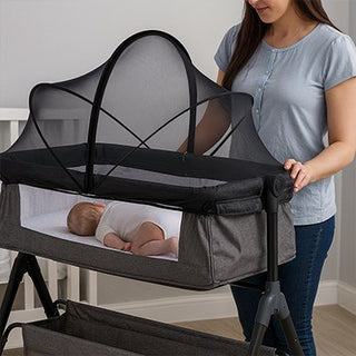 Ultra-fine baby mosquito net by Univers Nest drapes over a crib to protect infants from insects and bugs.