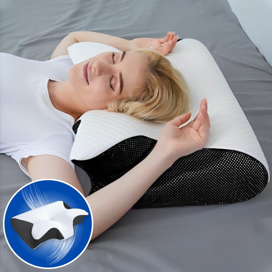 Univers Nest ergonomic pillow showing contoured shape and soft fabric for optimal neck and head support.