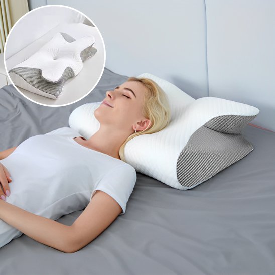 Ergonomic pillow by Univers Nest showing contoured design for neck and head support, ideal for comfort and proper alignment.