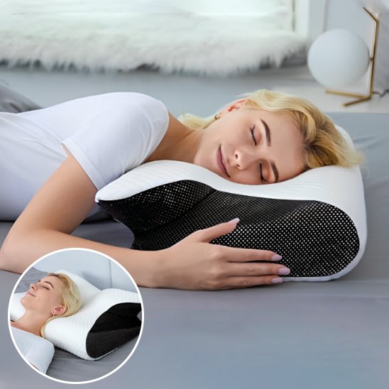 Ergonomic pillow by Univers Nest featuring contoured design for comfortable neck and head support.