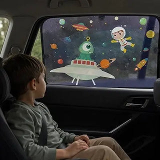 Baby car sunshade by Univers Nest with UV protection, featuring a lightweight, foldable design to block sunlight from car windows.