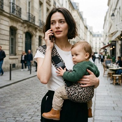 Universal Nest ergonomic baby carrier with padded straps, supporting a baby in a front-facing position.