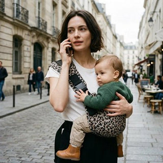 Universal Nest ergonomic baby carrier with padded straps, supporting a baby in a front-facing position.