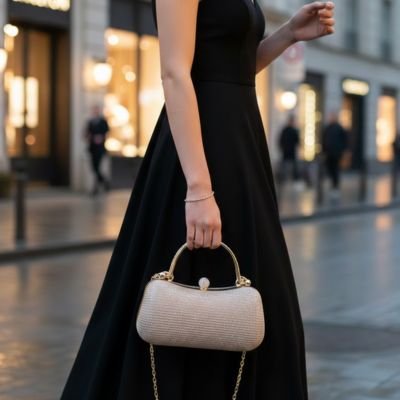 Black evening clutch bag by Univers Nest with a sleek, elegant design and subtle metallic accents, perfect for formal occasions.