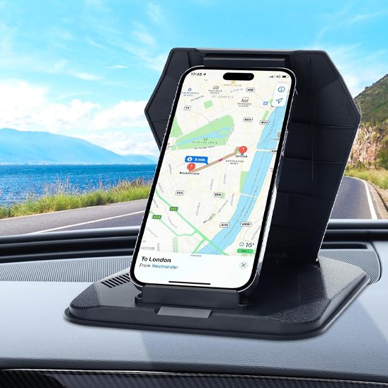 Univers Nest car phone mount, ultra-stable support for smartphones, securely attached to vehicle dashboard or vent.