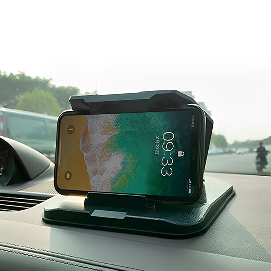 Univers Nest car phone mount with ultra-stable support shown attached to a vehicle dashboard, holding a smartphone securely.