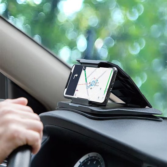 Universal Nest car phone mount with ultra-stable support for smartphones, securely attached to vehicle dashboard.