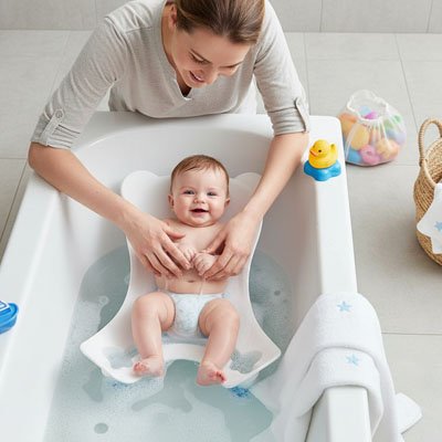 Ergonomic baby bath seat from Univers Nest with soft padding and supportive design for comfortable bath time.