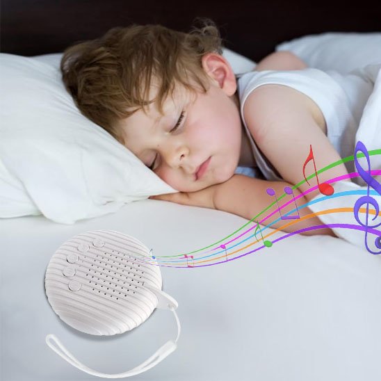 Univers Nest white noise night light, providing soothing glow and calming sound for peaceful sleep in a cozy nursery setting.