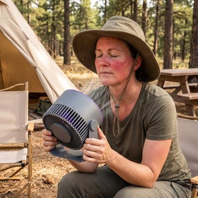 Univers Nest ultra-compact portable fan with adjustable blades, lightweight design, and ergonomic handle for easy cooling on the go.